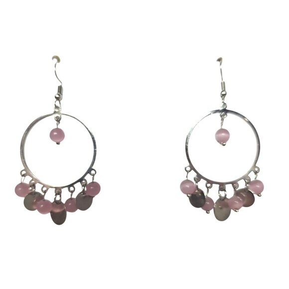 Silver Tone Hoop Earrings With Pink Beads - Picture 2 of 4